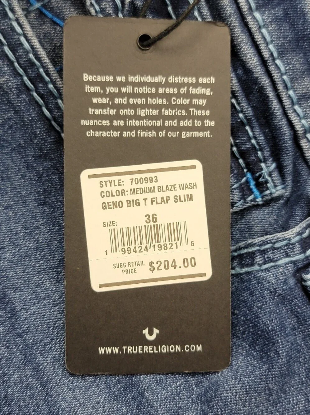 True Religion Geno Big T Flap Slim Jeans in Medium Blaze Wash Size 36X32 New